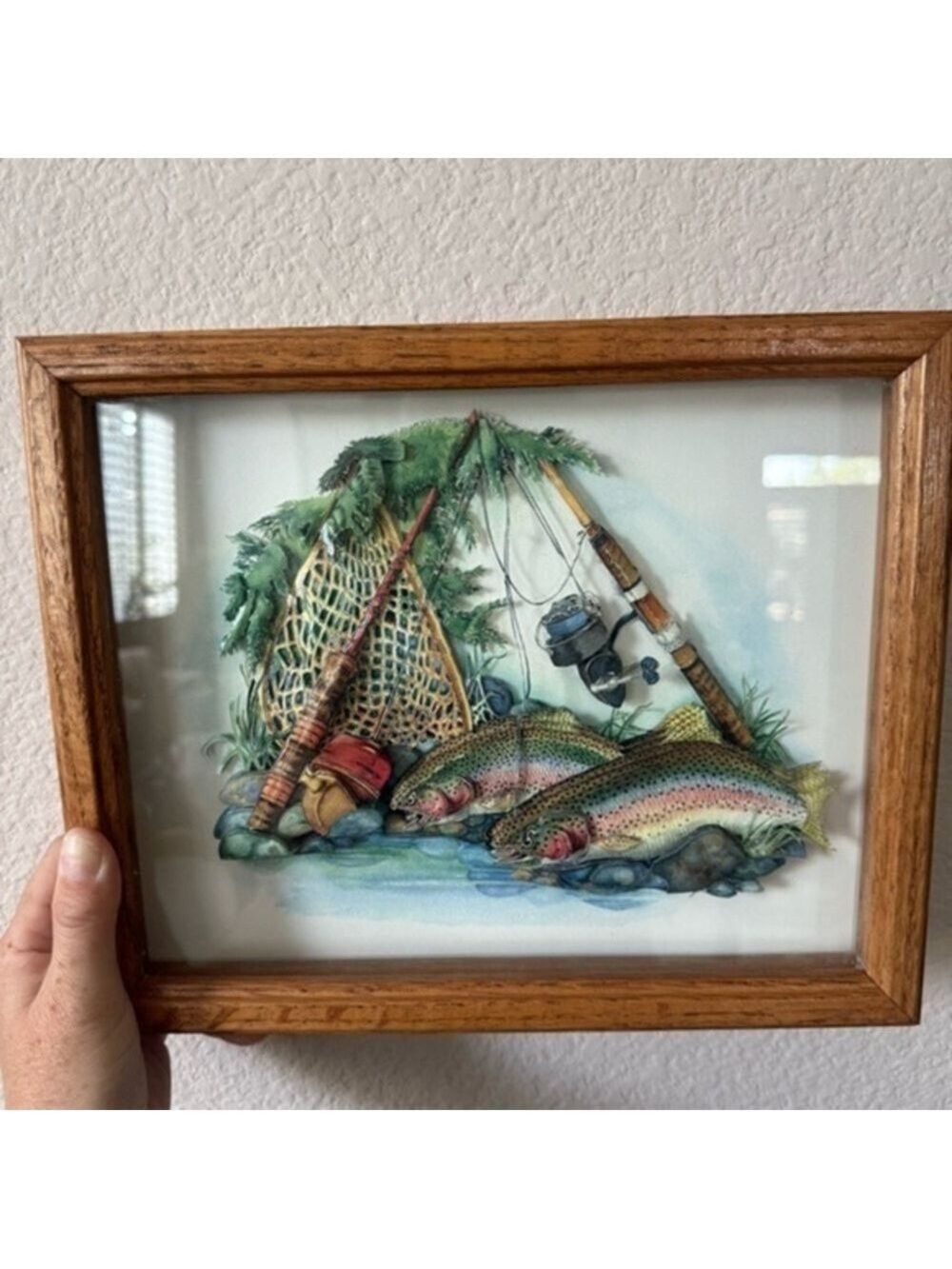 Fishing Art 3D Layered Wall Hanging Oak Frame SIGNED Fisherman Whimsical Art